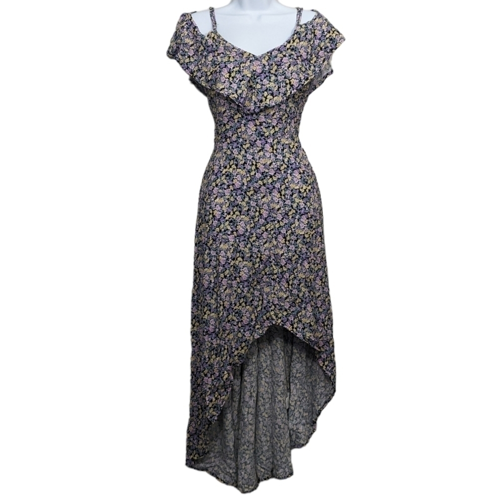 REWIND Purple Blue Aqua Sky Floral Off Shoulder High Low Unique Dress Summer - Picture 3 of 11